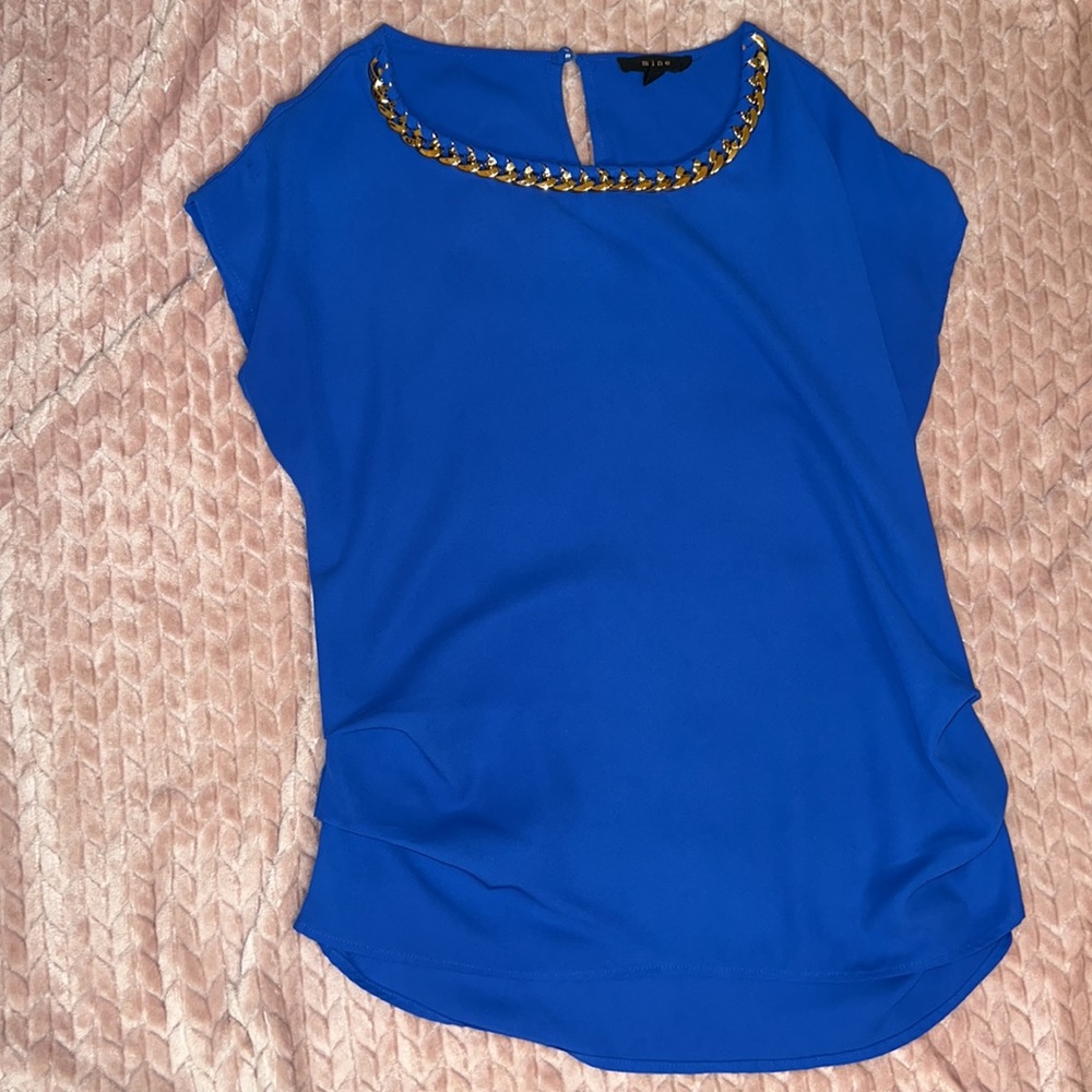 Royal Blue Blouse with gold chain collar in size Medium.